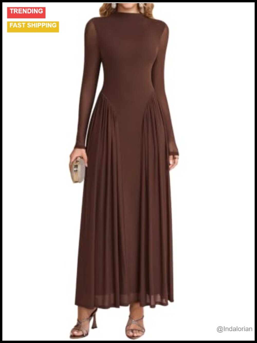 Long Sleeve Mock Neck Pleated Maxi Dress Fit Flare Formal Wedding Guest